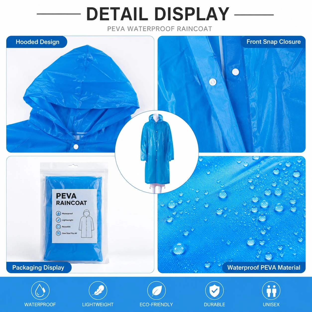 PEVA rain poncho with snap buttons and heat sealed seams for wholesale orders PEVA rain poncho with snap buttons and heat sealed seams for wholesale orders